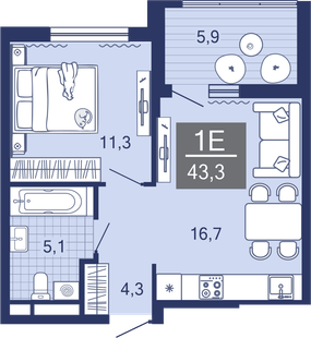 1-комнатная, 37.7 м²