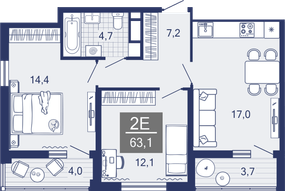 2-комнатная, 55.6 м²