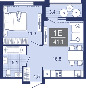 1-комнатная, 38.1 м²