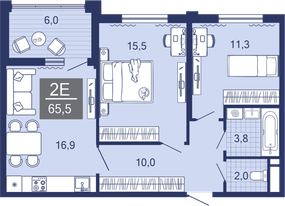 2-комнатная, 60.0 м²