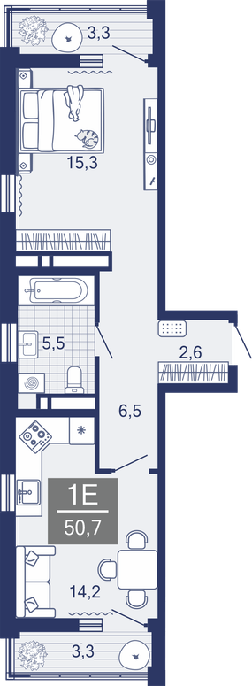 1-комнатная, 44.3 м²