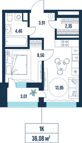 1-комнатная, 36.1 м²