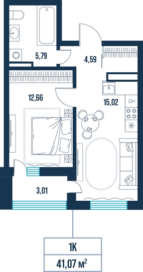 1-комнатная, 41.1 м²