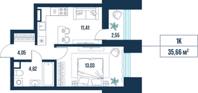 1-комнатная, 35.7 м²