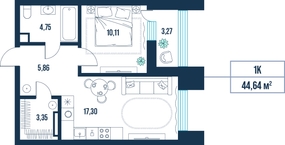 1-комнатная, 44.6 м²