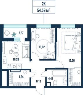 2-комнатная, 54.6 м²