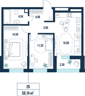 2-комнатная, 58.1 м²