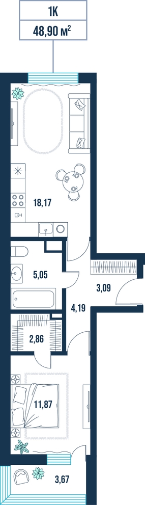 1-комнатная, 48.9 м²